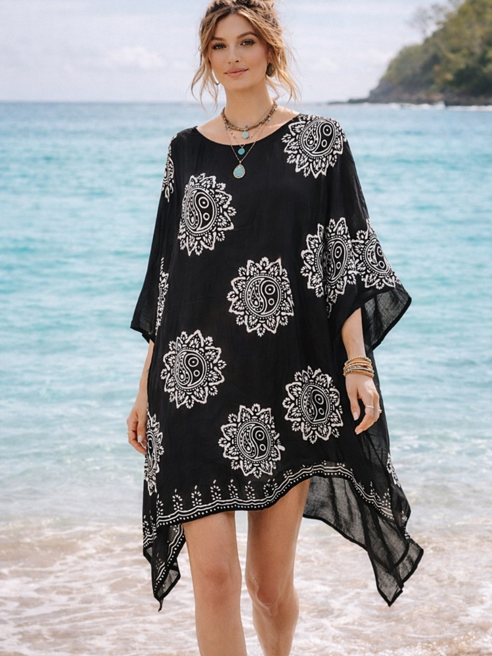 Rhea Black Pattern Print Boho Tunic Top One Size NWT Viscose Oversized A22